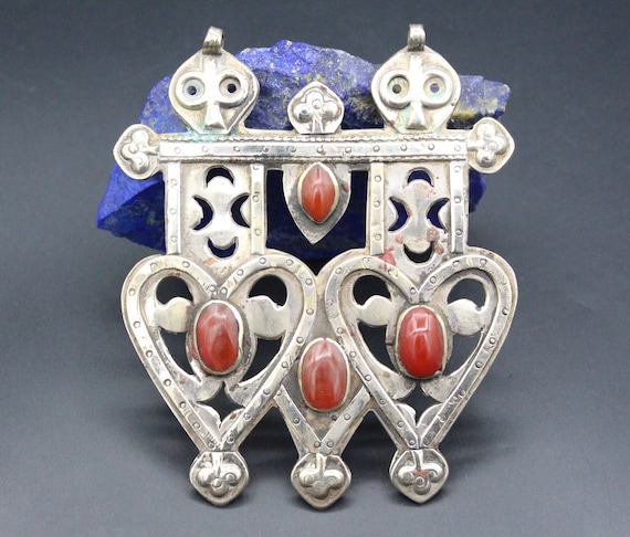 Turkmen Silver Carnelian Stone Double Asyk Pendan… - image 1