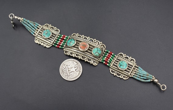 Tibetan Nepalese Bracelet, Turquoise Stones Alpak… - image 3