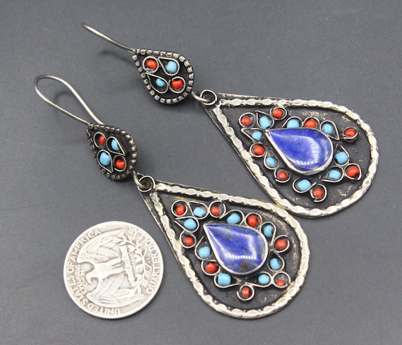Vintage Uzbek Traditional Alpaka Earrings, Kuchi … - image 2