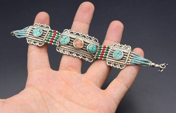 Tibetan Nepalese Bracelet, Turquoise Stones Alpak… - image 9