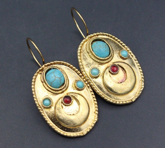 Turkmen Turquoise Beads Gold Color Earrings Belly 