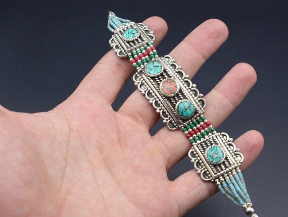 Tibetan Nepalese Bracelet, Turquoise Stones Alpak… - image 5