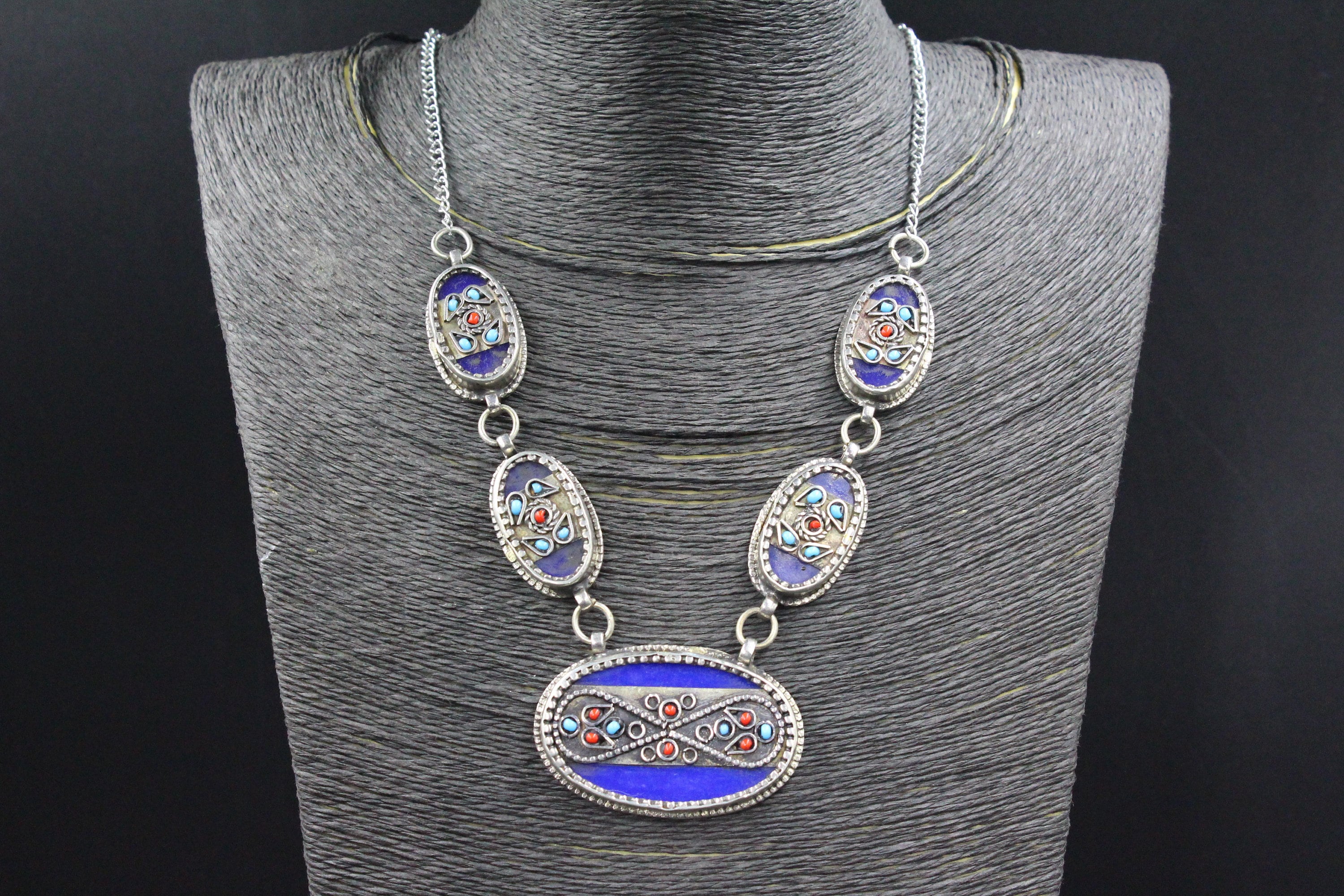 Vintage Uzbek Necklace: Blue Glass Beads, Tribal Costume Jewelry