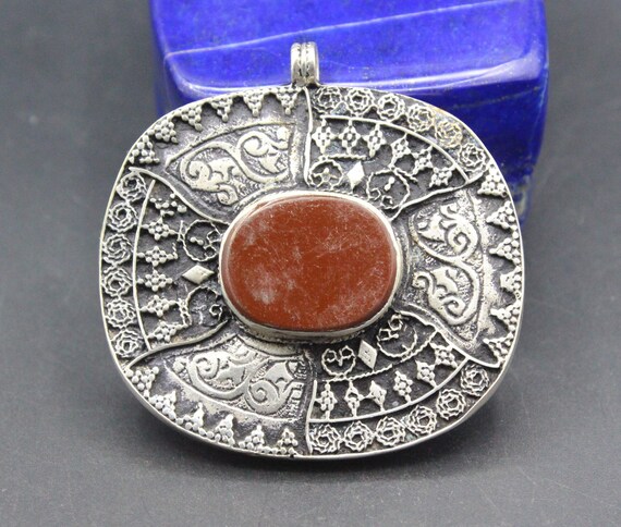 Turkmen Alpaka Oval Pendant: Brown Enamel Pendant, Handmade Carved Pendant, Costuming Pendant, Making Jewelry, Boho Pendant, #P1