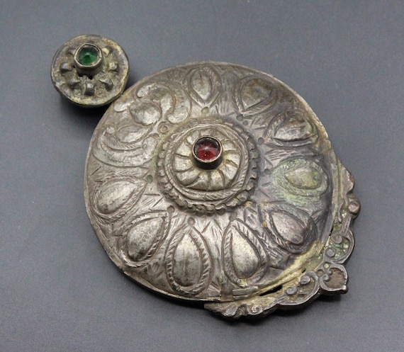 Antique Ottoman Pendant Ottoman Silver Costuming Belt Buckle Pendant Costuming Jewelry Tribal Pendant, Carved Round Large Pendant