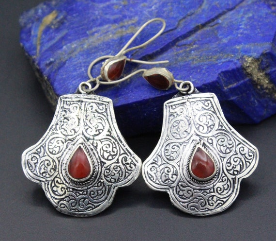 Afghan Turkmen Earrings, Alpaka Earrings, Enamel … - image 1