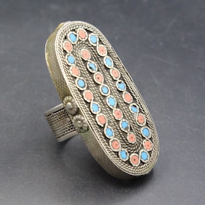 Vintage Afghan Tribal Ethnic Ring, Colorful Enamel Ring, Boho Long Costuming Ring, silver Ring, Size 10US,