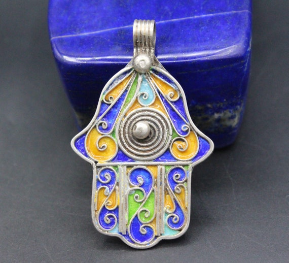 Moroccan Hamsa Hand Of Fatima Pendant, Silver Ena… - image 2