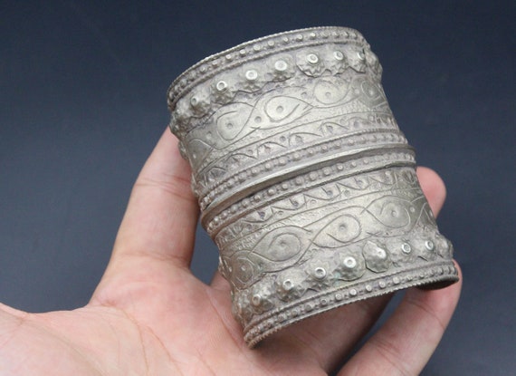 Turkmen Silver Cuff Bracelet, Antique Old Carved … - image 10