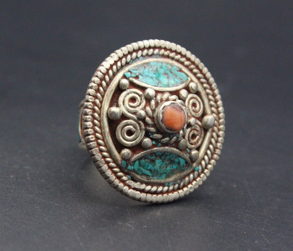 Vintage Tibetan Jewelry, Nepalese Boho Ring, Turq… - image 1