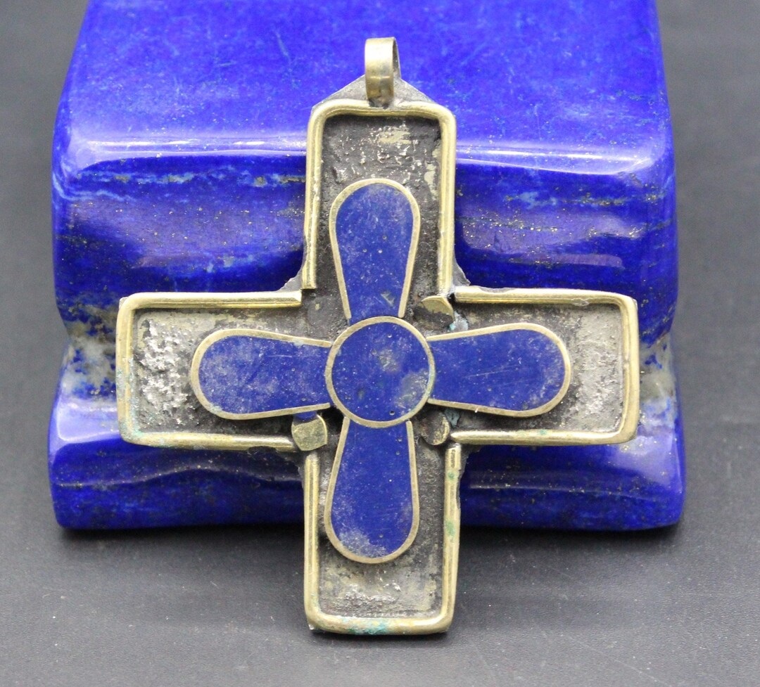 Alpaca Cross Vintage Afghan Alpaka Cross Pendant: Blue Enamel Boho Jewelry - Etsy
