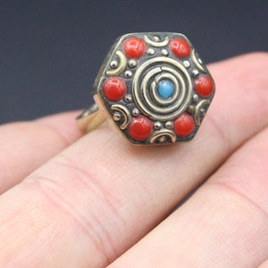 Vintage Tibetan Coral Stone Ring: Adjustable Size 6US