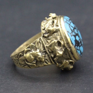 Afghan Kuchi Ring: Enamel, Carved Animal Design, Size 6.5