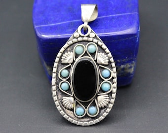 Colgante vintage de lágrima de ónix uzbeko: joyería tribal bohemia