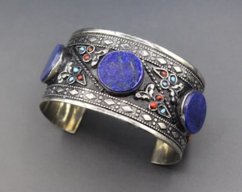 Afghan Cuff Bracelet, Kuchi Alpaka Cuff Bracelet, Lapis Lazuli Stones Cuff Bracelet, Colorful Boho Bracelet, Belly Dance Bracelet, #B02