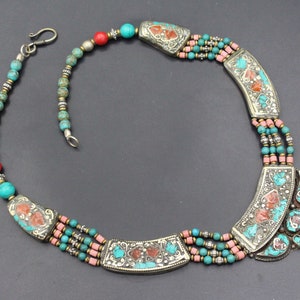 Vintage Tibetan Necklace: Turquoise & Coral Boho Tribal Jewelry