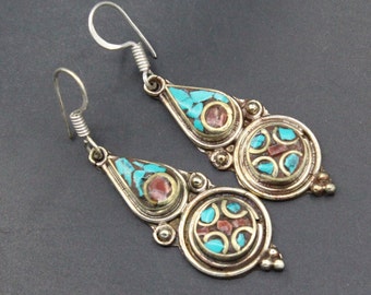 Orecchini Tribali Etnici Fatti A Mano In Argento 925 Con Corallo - Stile Mandala Tibetano E Boho Per Donna