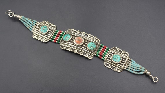 Tibetan Nepalese Bracelet, Turquoise Stones Alpak… - image 2
