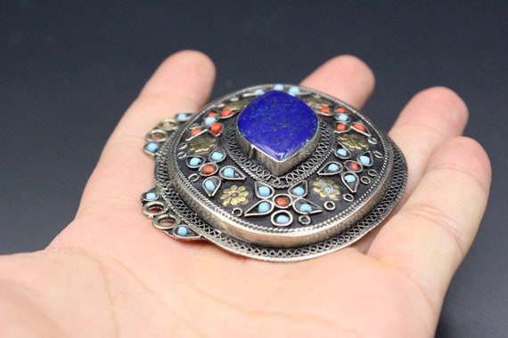 Vintage Uzbek Silver Oval Pendant, Lapis Lazuli S… - image 8