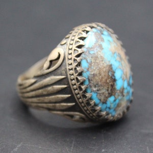 Turkish Sterling Silver Unisex Ring, Geniune Natural Turquoise Stones Ring, Carved Shape Tribal Ring, Size 9.5US