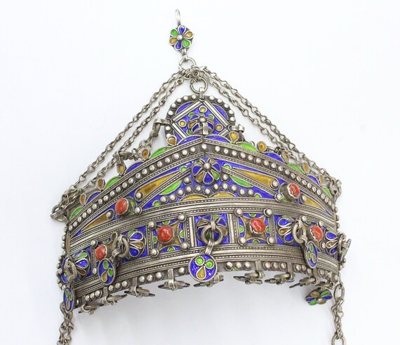 Moroccan Silver Judaica Wedding Crown, Enamel Work