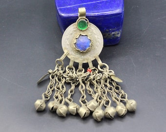 Colgante afgano vintage: cuentas de vidrio, borlas de monedas, joyería bohemia