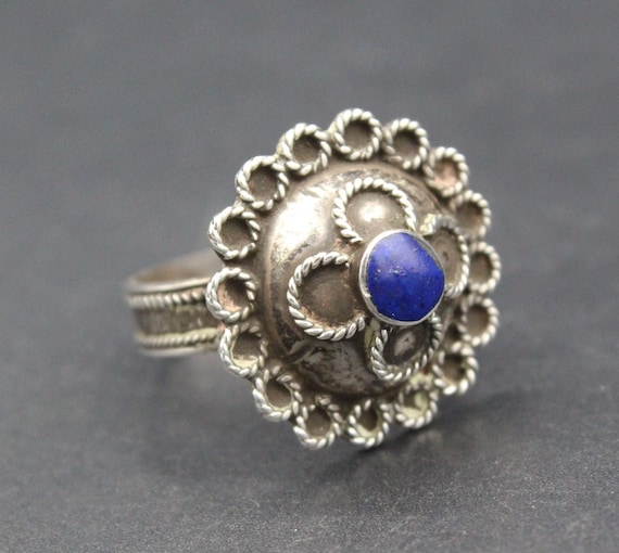 Afghan Tribal Ring, Lapis Lazuli Beads Silver Rin… - image 1
