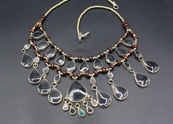Vintage Afghan Alpaka Necklace, Black Enamel Bead… - image 4