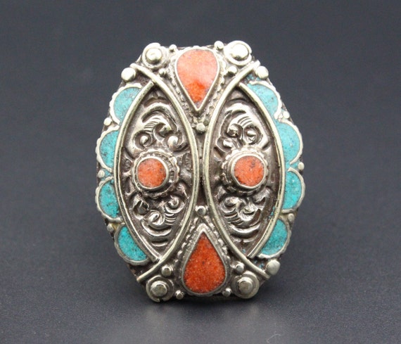 Bague Réglable Népalaise Bohème - Turquoise Et Corail, Fait Main, Argenté Sur Laiton