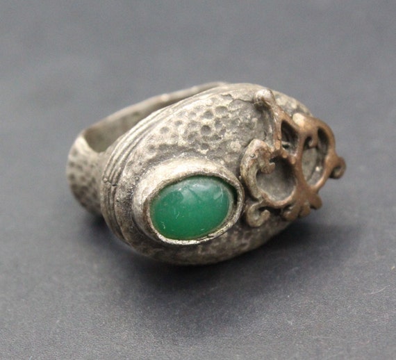 Turkish Silver Plated Statement Ring: Green Glass… - image 1