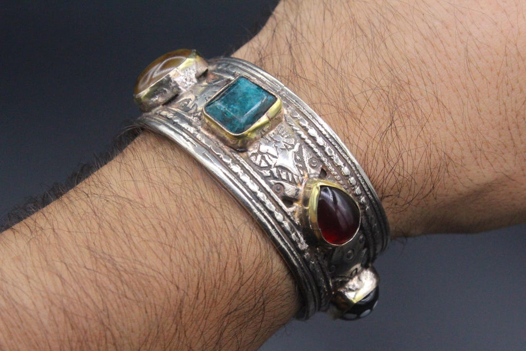 Bracelet Homme ALPAKA Rouge Afghan – Métal Argenté Vintage – Large 1,7 Cm – Neuf (défauts Mineurs)