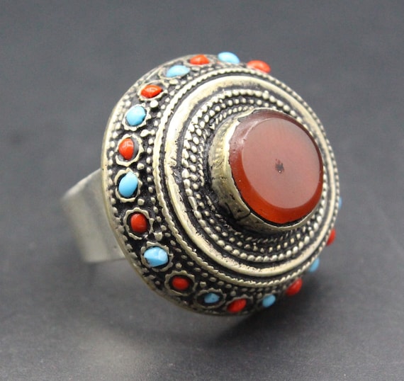 Afghan Ring, Colorful Beads Carnelian Stone Ring,… - image 1