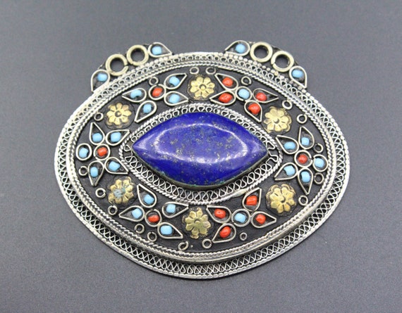 Vintage Uzbek Silver Oval Pendant, Lapis Lazuli S… - image 2