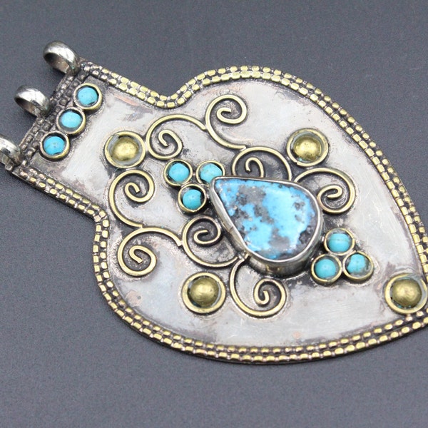 Turkmen Pendant, Turquoise Stones Pendant, Asyk Heart Shape Alpaka Pendant, Belly Dance Tribal Pendant, Boho Nomadic Pendant,