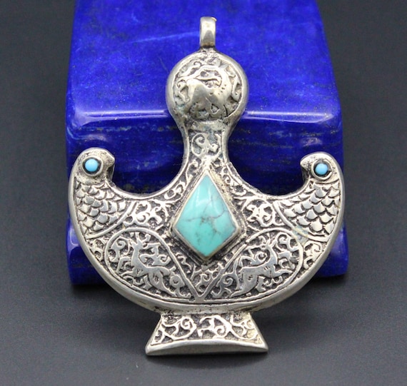 Vintage Turkmen Traditional Alpaka Pendant, Turquo