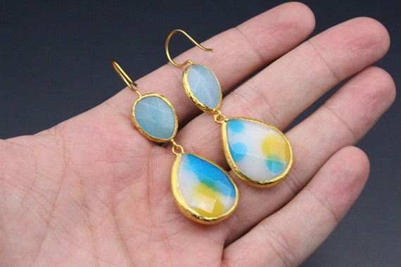 Turkmen Earrings, Gold Color Earrings, Colorful R… - image 5