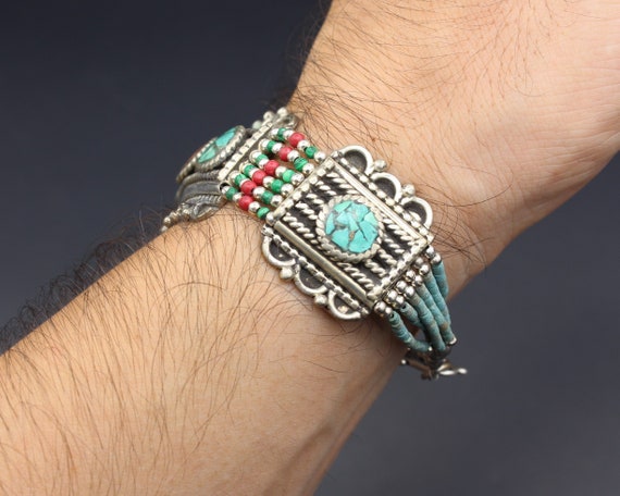 Tibetan Nepalese Bracelet, Turquoise Stones Alpak… - image 7