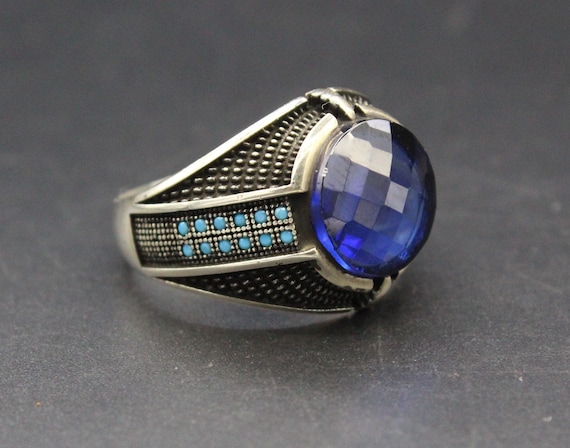 925K Sterling Silver Turkish Ring, Glass Sapphire… - image 1