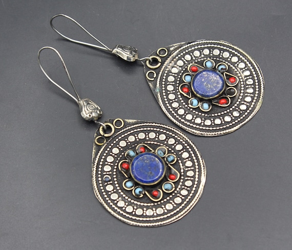 Vintage Uzbek Traditional Alpaka Earrings, Kuchi … - image 1