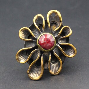 Turkish Bronze Ring, Ruby Stone Ring, Carved Ring Size 8US, Flower Shape Jewelry, Unique Bronze Ring,