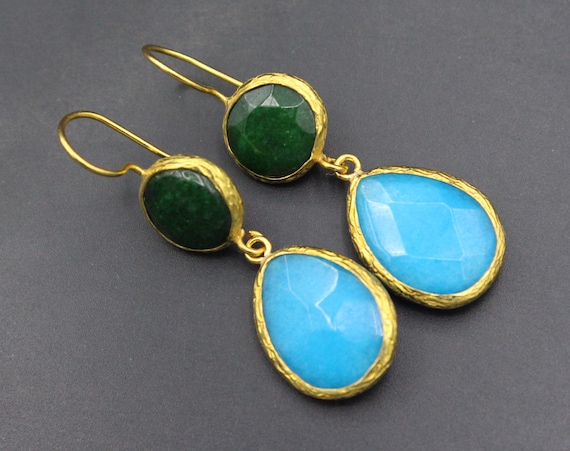 Turkmen Earrings, Gold Color Earrings, Colorful C… - image 2