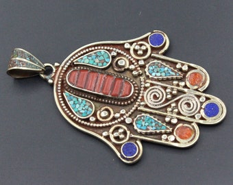 Nepalese Tibetaanse hanger, hamsa-koraalhanger, hand van Fatima-hanger, tribal etnische hanger, boho-hanger, ingelegde turquoise hanger,