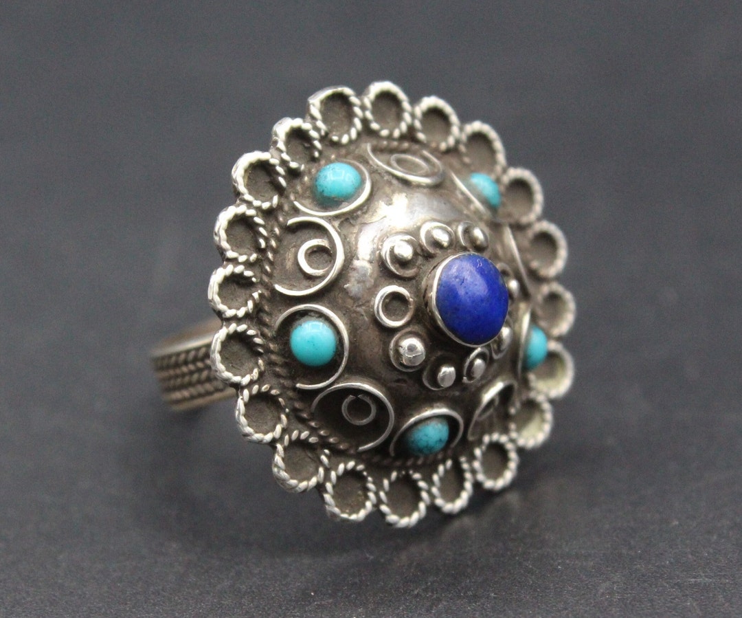Afghan Tribal Ring, Lapis Lazuli & Turquoise Beads Silver Ring, Kuchi ...
