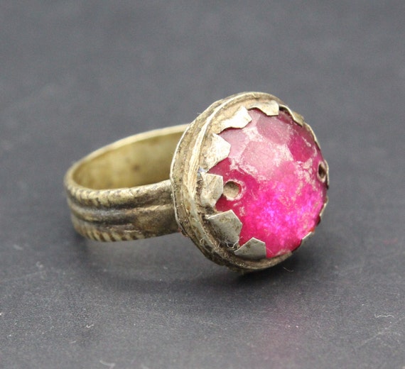 Vintage Afghan Alpaka Ring, Pink Glass Ring, Afgh… - image 2