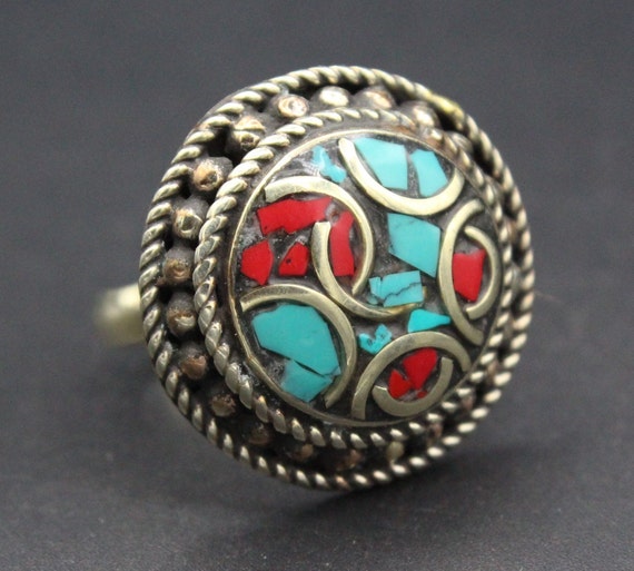 Tibetan Nepalese Ring, Round Adornment Ring, Turq… - image 1