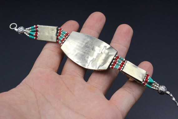 Tibetan Nepalese Bracelet, Enamel Turqoise & Cora… - image 7