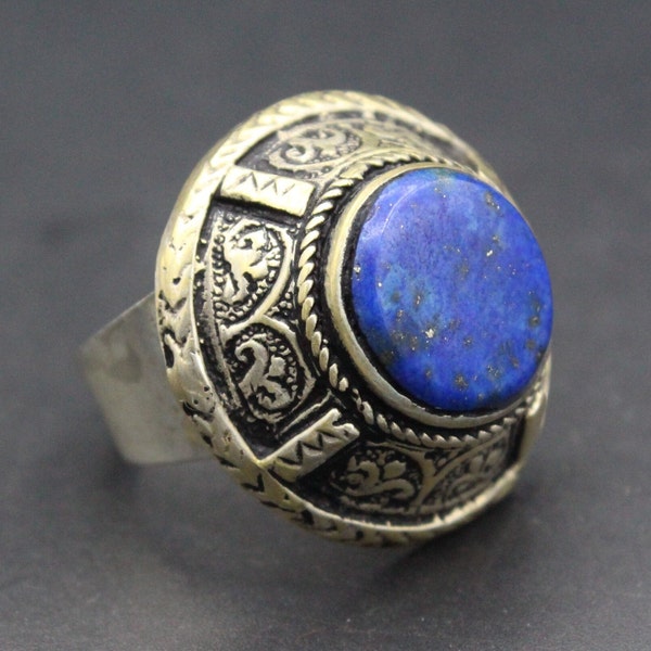 Bague en pierre d'alpaka lapis lazuli afghan vintage, bague de parure de danse du ventre, bague sculptée, bijoux afghans taille 9US,