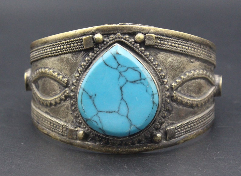 Afghan Traditional Turquoise Bracelet Carved Alpaka Bracelet Belly Dance Bracelet Adornment Adjustable Cuff Bracelet