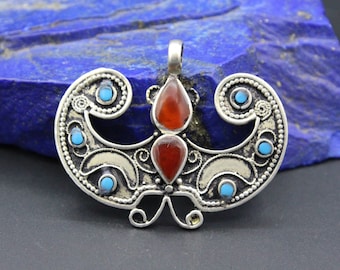 Vintage Afghan Pendant, Animal Pendant, Enamel Beads Butterfly Pendant, Carved Workmanship Boho Pendant #P05