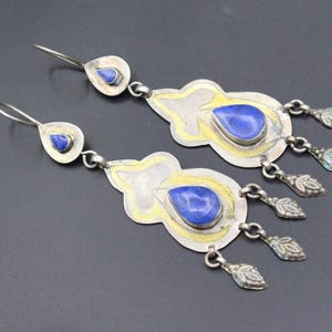Turkmen Traditional  Silver Lapis Lazuli Stone Dangly Earrings, Unique Earrings, Gypsy Earrings, Gold Wash Earrings, Tassels Earrings,